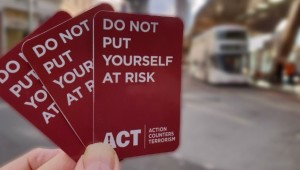 Three Action Counters Terrorism cards held together, each reading DO NOT PUT YOURSELF AT RISK with the ACT acronym