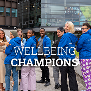 group photo of Wellbeing Champions in Courtyard, wearing branded jackets, with Wellbeing Champions logo over photo
