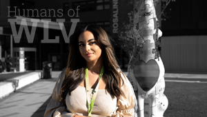 Angel Morphew on a black and white background of the courtyard at City Campus, transparent text reading Humans of WLV