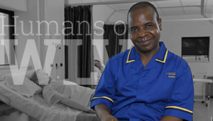 Dr Moses Murandu sitting in medical uniform, with a text overlay reading Humans of WLV