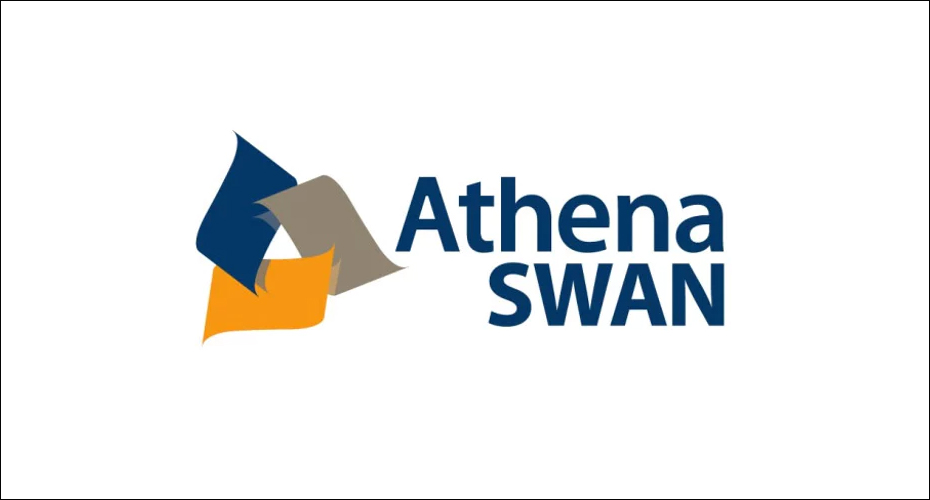 Photograph of the Athena Swan logo, three coloured shapes forming a triangle next to text reading ATHENA SWAN.