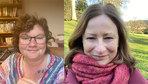 writers Lyn Hemphill and Susie Williamson. Lyn is on the left of the image, she has short curly hair, she is is pictured close up (head and shoulders) wearing glasses and smiling. Susie, on the right, is also pictured close up (head and shoulders) wearing a bright pin scarf she is standing in a field