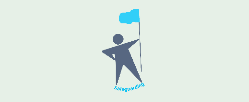 Logo for Safeguarding: A figure with one hand to their hip, the other holding a blue flag on a long flagpole