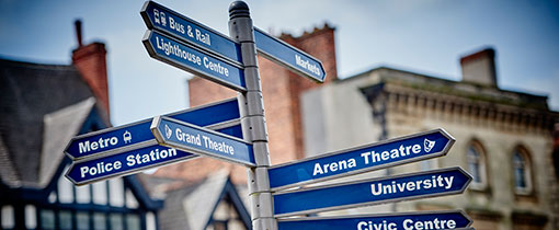 Fingerpost sign pointing towards several landmarks in Wolverhampton.